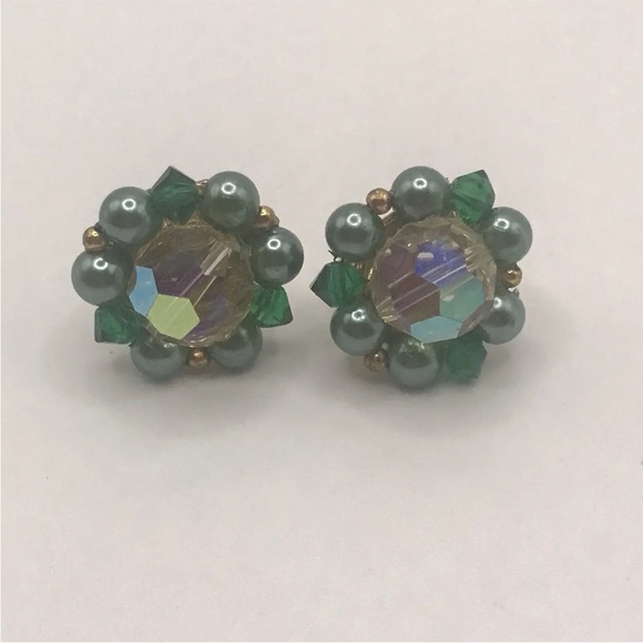 Lisner Vintage Necklace Clip Earring Set Costume  Aurora Borealis Crystal Pearl - Picture 7 of 10